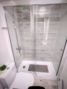 a white bathroom with a shower and a toilet at Terrazas del sol IV in La Serena