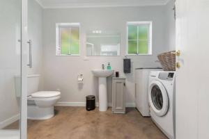 a bathroom with a toilet sink and a washing machine at Grace Cottage in Turangi +17 photos