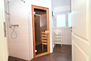 a small bathroom with a shower and a mirror at Sechendorf-Ferienhaus-Solhem-Sechendorf in Blekendorf +26 photos