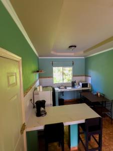 a kitchen with green walls and a table with chairs at Casa hotel Aguas Termales in Gracias +5 photos