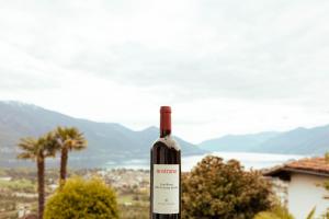 eine Flasche Wein auf einem Hügel in der Unterkunft Casa Teatro Panoramico 5 Star Holiday House in Locarno
