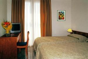 Habitación de hotel con cama y escritorio con TV. en Hotel Flora, en Lignano Sabbiadoro