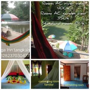 a collage of four pictures of a room with an umbrella at Mega inn tangkahan in Kualagemoh