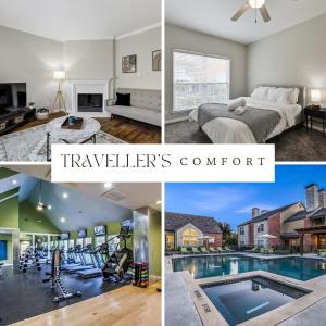 eine Collage mit Bildern eines Hauses mit Pool in der Unterkunft Chic 1BD Retreat With Pool & Gym, Heart of Medical City Plano in Plano