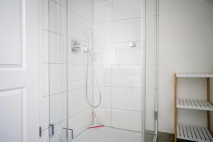 eine Dusche mit Glaskabine im Bad in der Unterkunft Kapitänshaus - Boje in Born + 22 Fotos