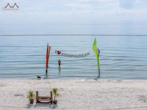 a beach with people and a dog and flags in the water at Tommy Resort in Haad Rin