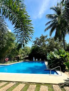 ein blauer Pool mit Palmen im Hintergrund in der Unterkunft Banlaw Garden Resort in Puerto Princesa
