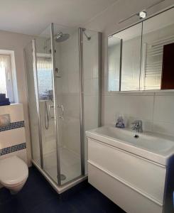 a bathroom with a shower and a sink and a toilet at Seestern in Norddeich