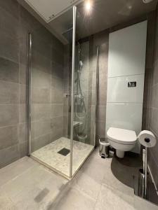 une salle de bain avec douche et toilettes dans l'établissement Riddertunets hygge, à Beitostøl