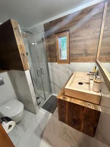 a bathroom with a sink and a shower and a toilet at Chalet traditionnel Haute Nendaz in Nendaz +4 photos