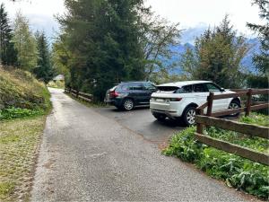 two cars parked on a road next to a fence at Chalet traditionnel Haute Nendaz in Nendaz