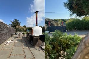 two pictures of a backyard with a brick oven at KINARA in CAMBER in Camber