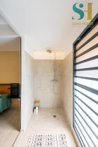 a bathroom with a shower in a room at LEU-ROMARIN, Ecrin aux prestations haut de gamme in Saint-Leu