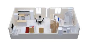 eine Darstellung einer Küche und eines Wohnzimmers mit Esszimmer in der Unterkunft Fééria - Appartement au calme proche de Disneyland Paris in Chessy