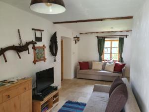 a living room with a couch and a tv at URige Hütte in Maria Elend