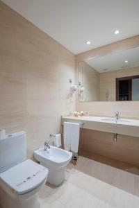 a bathroom with a toilet and a sink and a mirror at Hotel Coia de Vigo in Vigo