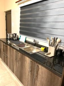 LobambaRehoboth Ezulwini Suites的带水槽和台面的厨房