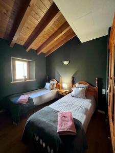 two beds in a room with green walls at Casita en Estavar in Estavar