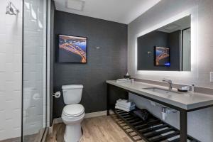 a bathroom with a toilet and a sink and a mirror at Cambria Hotel Austin Airport in Austin
