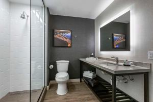 a bathroom with a toilet and a sink and a mirror at Cambria Hotel Austin Airport in Austin