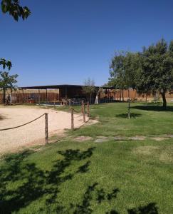 a playground in a park with grass and trees at Casa Rural Granja Abril in Cardiel de los Montes