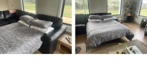 two pictures of a living room with a couch and a bed at BrinCole in Bonnie Doon