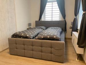 a couch with two pillows on it in a room at Ferienwohnung mit Fitnessstudio Top2 in Plauen