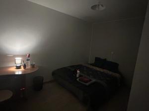 a small bedroom with a bed and a table at Chambre première étage in Lille