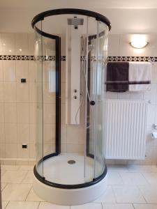 a shower with a glass enclosure in a bathroom at Schöne 120-qm-Ferienwohnung - Sonnenterrasse - Stadtgrenze Lübeck in Stockelsdorf +18 photos
