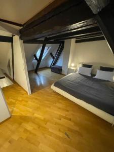 a bedroom with a large bed in an attic at Duplex Le Léonor in Strasbourg