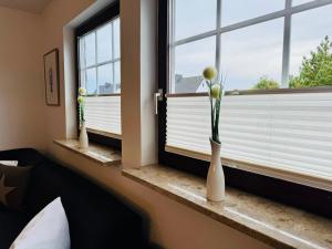 two vases on a window sill with flowers in them at App Blaue Welle in Morsum