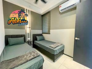 a bedroom with two beds and a sign on the wall at Industrial Style 2 Bedroom Unit Urban Suites Georgetown Sea View Jelutong in Jelutong +46 photos
