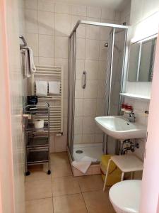 a small bathroom with a shower and a sink at Appartementhaus Berlin in Bad Füssing +27 photos