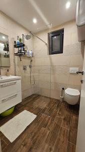 ein Bad mit einer Dusche und einem WC sowie ein TV in der Unterkunft Apartman Vitanov in Vinišće + 57 Fotos