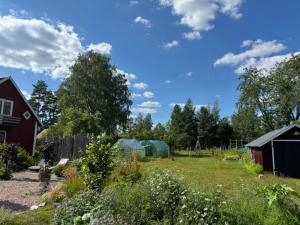 a backyard with a yard with buildings and trees at Emil Hemma in Järnforsen