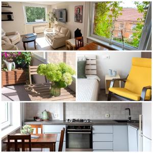 a collage of photos of a kitchen and a living room at Algirdo Apartments, Self Check-in, Free Private Parking in Vilnius