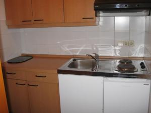 cocina pequeña con fregadero y fogones en Holiday Apartments Warmbad, en Villach