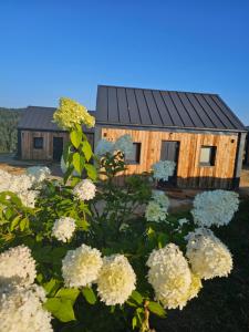 a log cabin with white flowers in front of it at Stodoły w Bieszczadzie domy SPA z basenem i widokiem na góry in Polańczyk