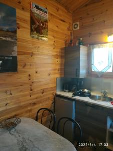 a kitchen with wooden walls and a sink and a table at CHALET porte PILAT in Farnay