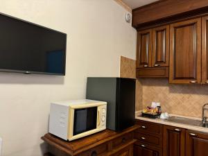 a microwave sitting on a counter in a kitchen at EURO HOUSE INN airport in Fiumicino