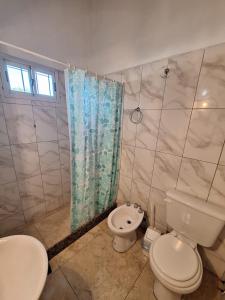 ein Badezimmer mit Toilette und Dusche in der Unterkunft La Casita de Areco in San Antonio de Areco