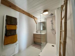 シャトー・ドロンヌにあるLa Grande Furetièreのガラスのシャワーと洗面台を備えたバスルーム +10枚の写真