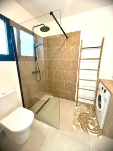 a bathroom with a shower with a toilet and a washer at Le Sounta in Saint-Pierre