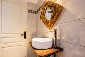 a bathroom with a sink and a mirror on the wall at Le Jardin des Bois - 5 min de la Fosse Dionne in Tonnerre