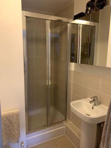 a bathroom with a shower and a sink at Lovely 1 bedroom top floor flat at Chocolate Quarter near city of Bath in Keynsham