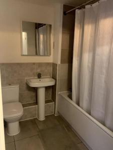 a bathroom with a toilet and a sink and a shower at Lovely 1 bedroom top floor flat at Chocolate Quarter near city of Bath in Keynsham +5 photos