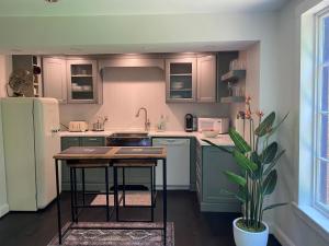 a kitchen with green cabinets and a table and a plant at Trouvaille House Sweet Suite in Harpers Ferry