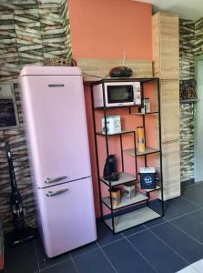 a pink refrigerator next to a shelf with a microwave at Maison touristique à Bouillon avec jardin in Bouillon
