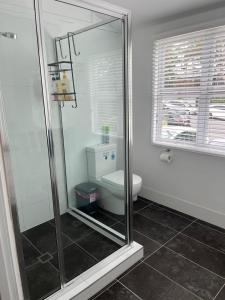 Un baño con inodoro y ducha de cristal. en CozyHomes Woolloongabba Comforts, en Brisbane 16 fotos más