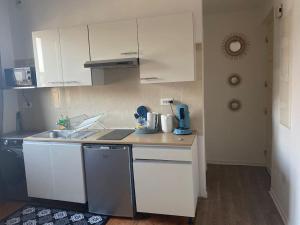 a small kitchen with white cabinets and a sink at Le Jean Perrot rent4night grenoble in Grenoble